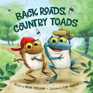 Illustration of a brown toad and a blue toad walking down a road.